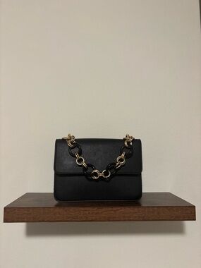 Black Chain-Accent Leather Shoulder Bag